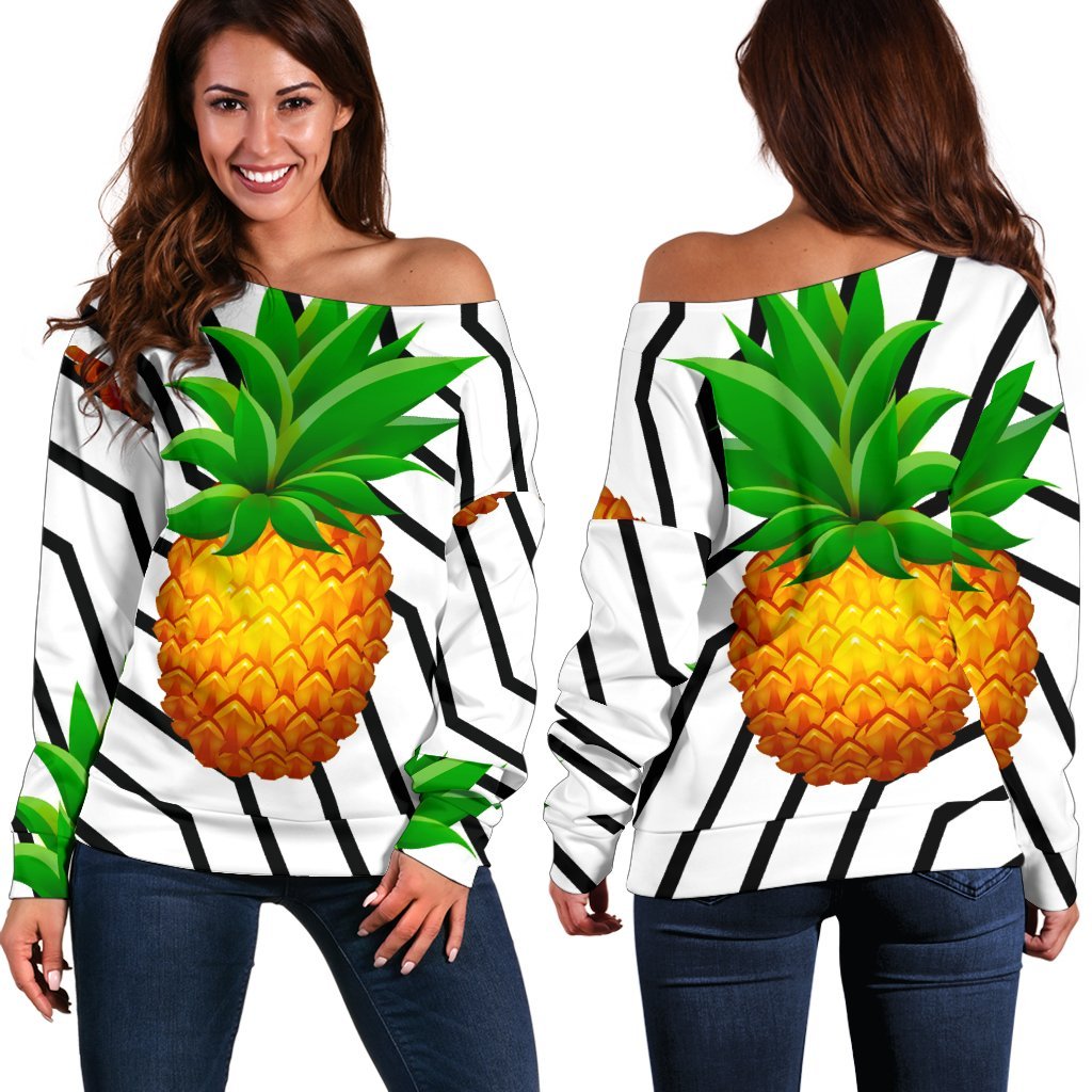 Black Geometric Pineapple Pattern Print Women's Off-Shoulder Sweatshirt