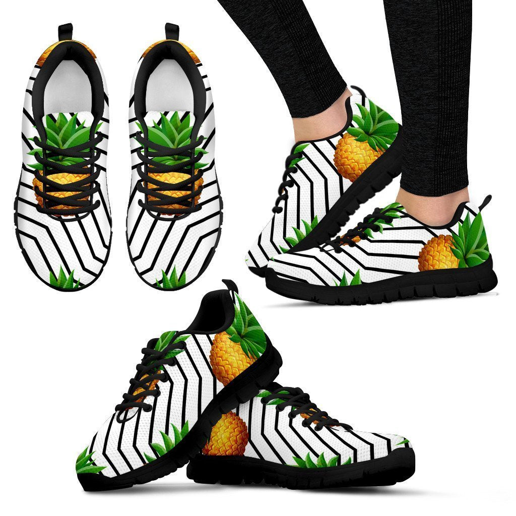 Black Geometric Pineapple Pattern Print Women's Sneakers