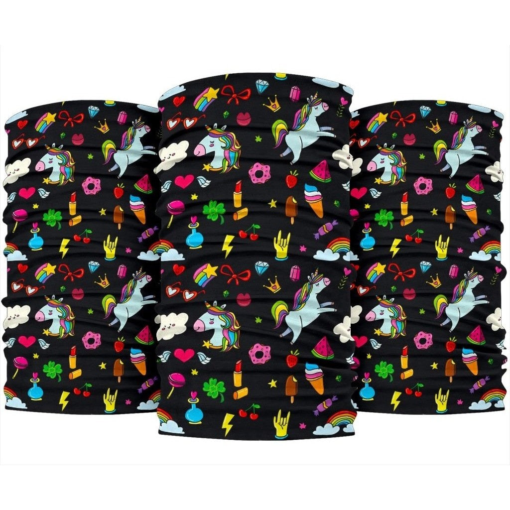 Black Girly Unicorn Pattern Print 3-Pack Bandanas