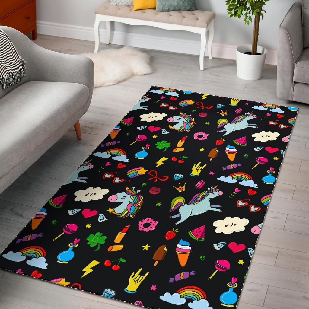 Black Girly Unicorn Pattern Print Area Rug