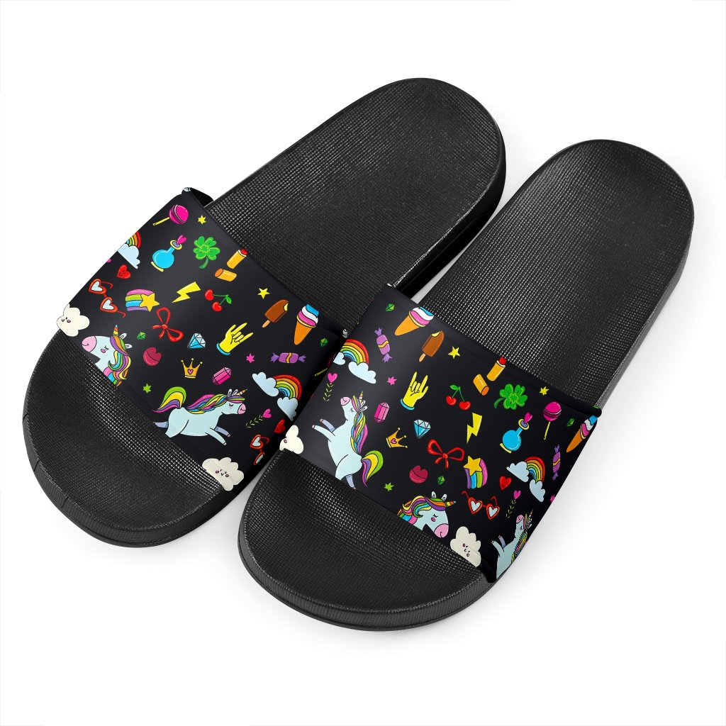 Black Girly Unicorn Pattern Print Black Slide Sandals