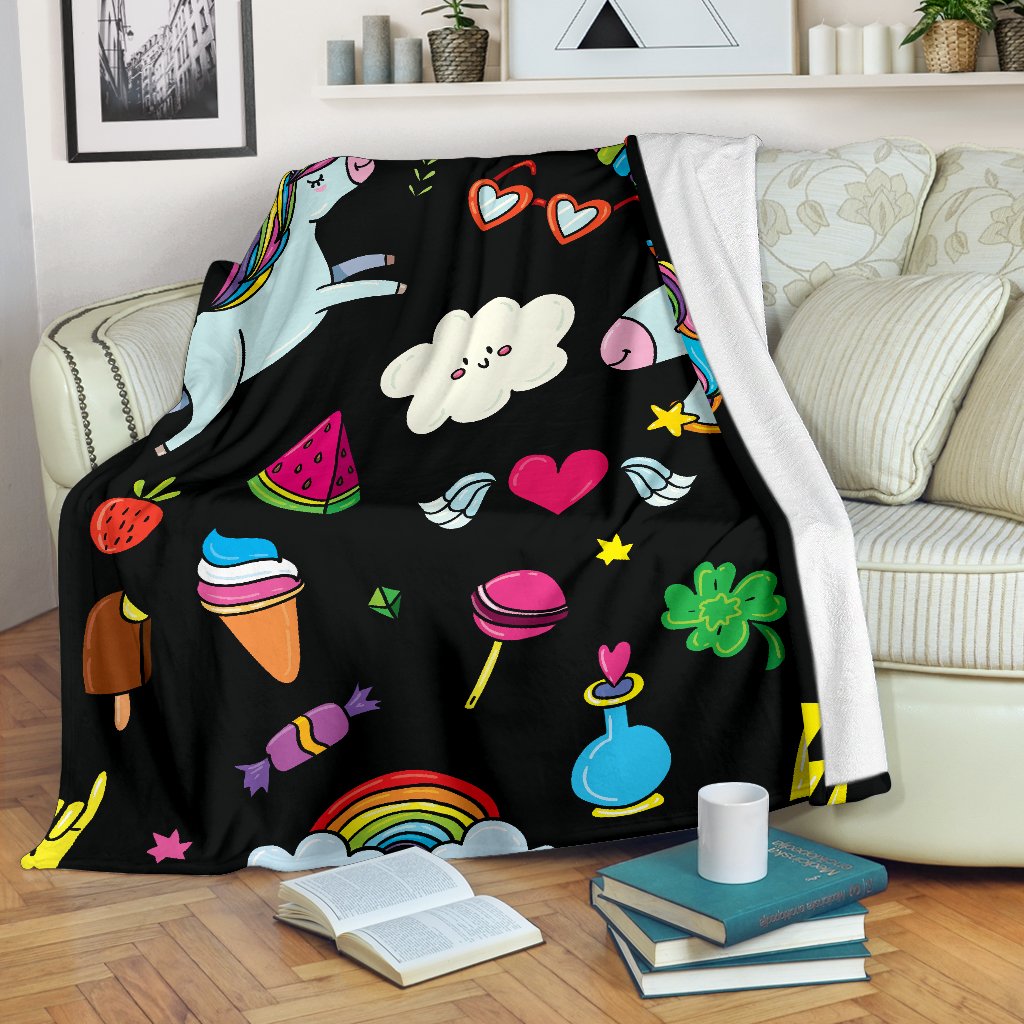 Black Girly Unicorn Pattern Print Blanket