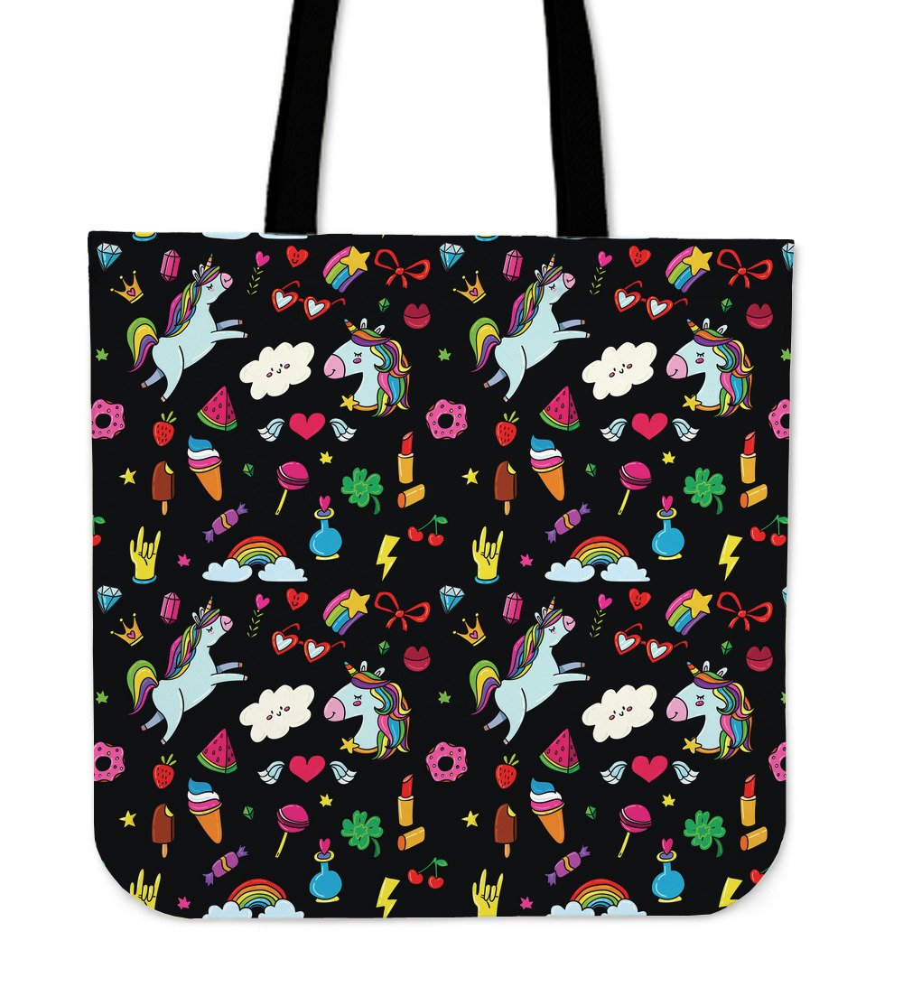 Black Girly Unicorn Pattern Print Canvas Tote Bag