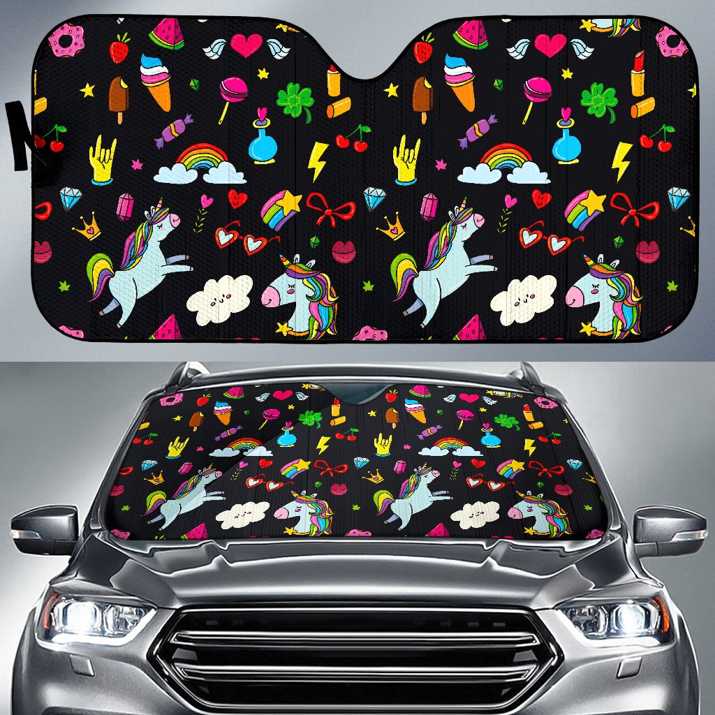 Black Girly Unicorn Pattern Print Car Sun Shade