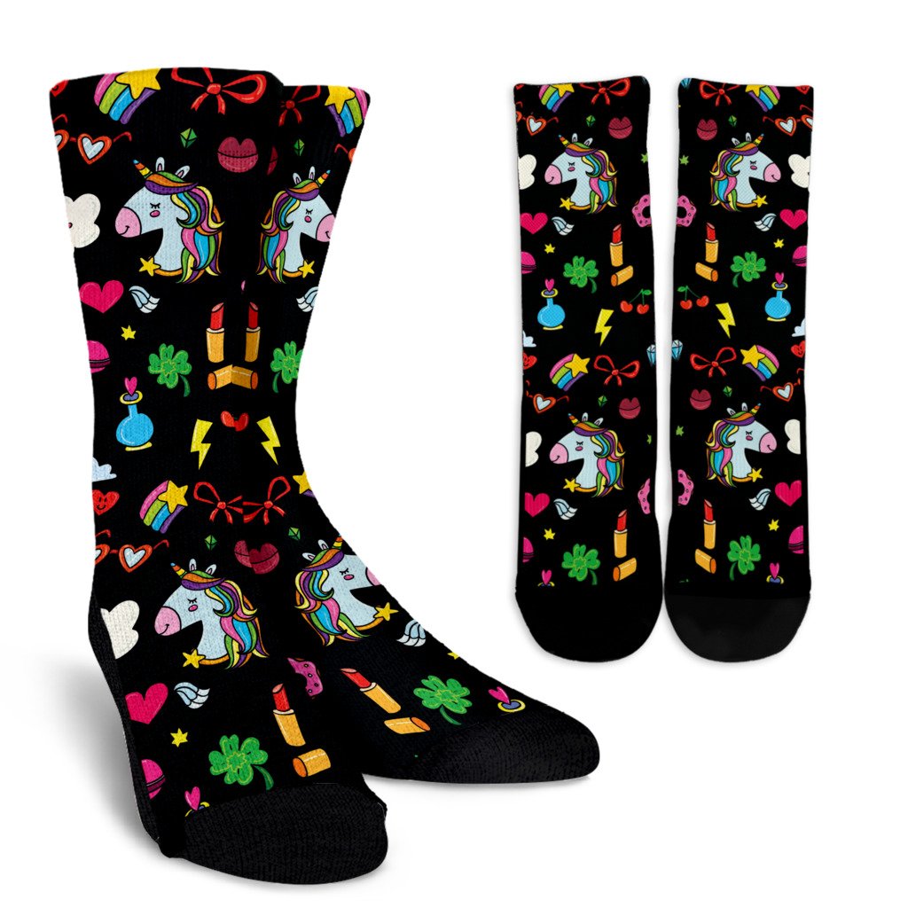 Black Girly Unicorn Pattern Print Crew Socks