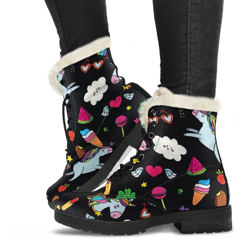 Black Girly Unicorn Pattern Print Faux Fur Leather Boots