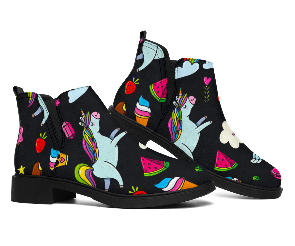 Black Girly Unicorn Pattern Print Flat Ankle Boots