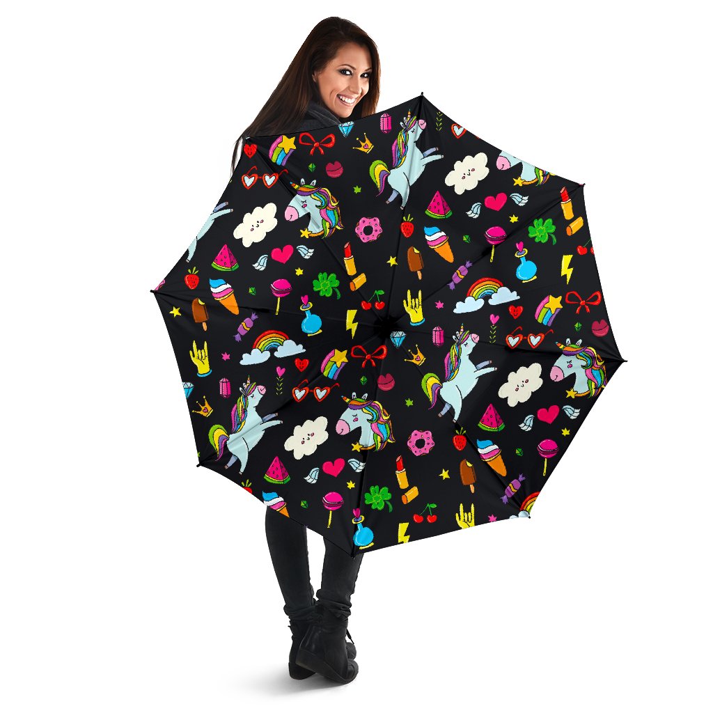 Black Girly Unicorn Pattern Print Foldable Umbrella