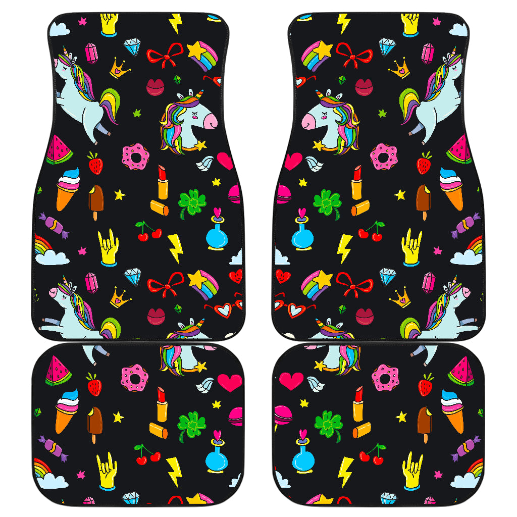 Black Girly Unicorn Pattern Print Front and Back Car Floor Mats