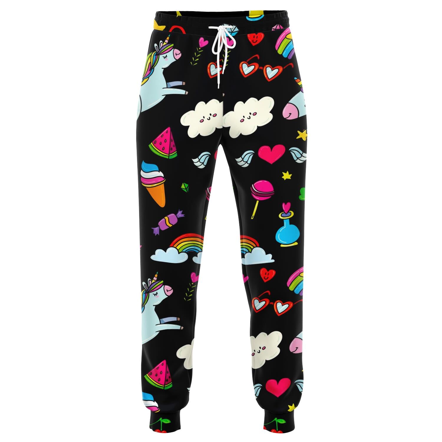 Black Girly Unicorn Pattern Print Jogger Pants