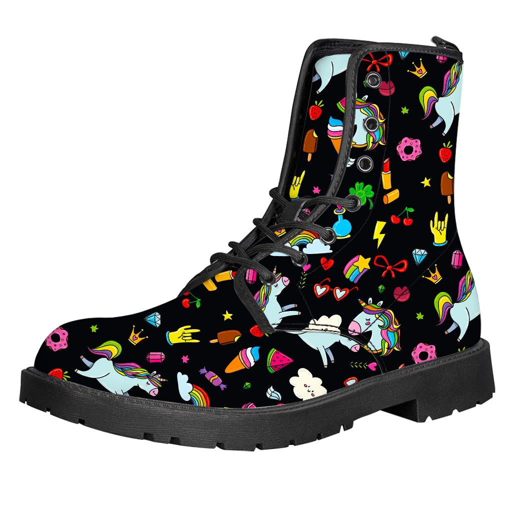 Black Girly Unicorn Pattern Print Leather Boots