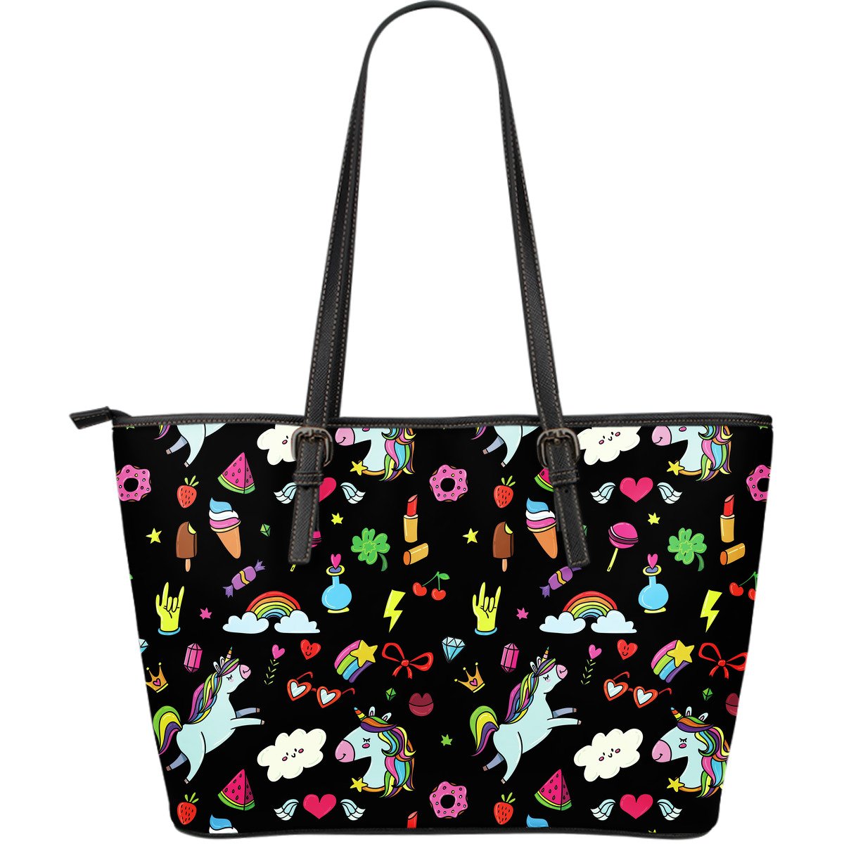 Black Girly Unicorn Pattern Print Leather Tote Bag