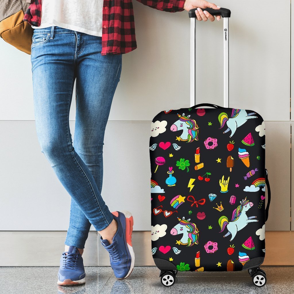 Black Girly Unicorn Pattern Print Luggage Cover