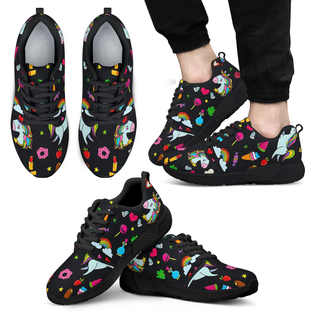 Black Girly Unicorn Pattern Print Men's Athletic Shoes