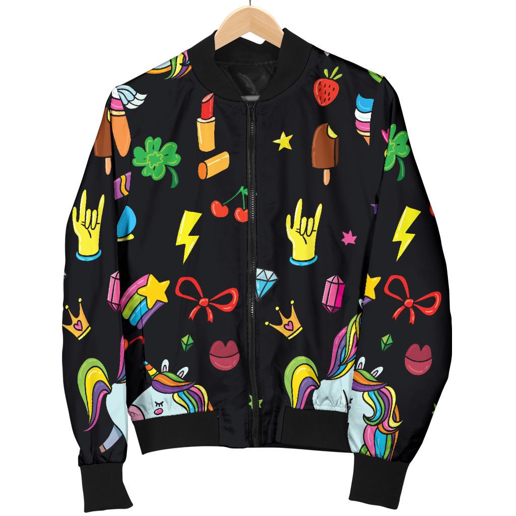 Black Girly Unicorn Pattern Print Men's Bomber Jacket