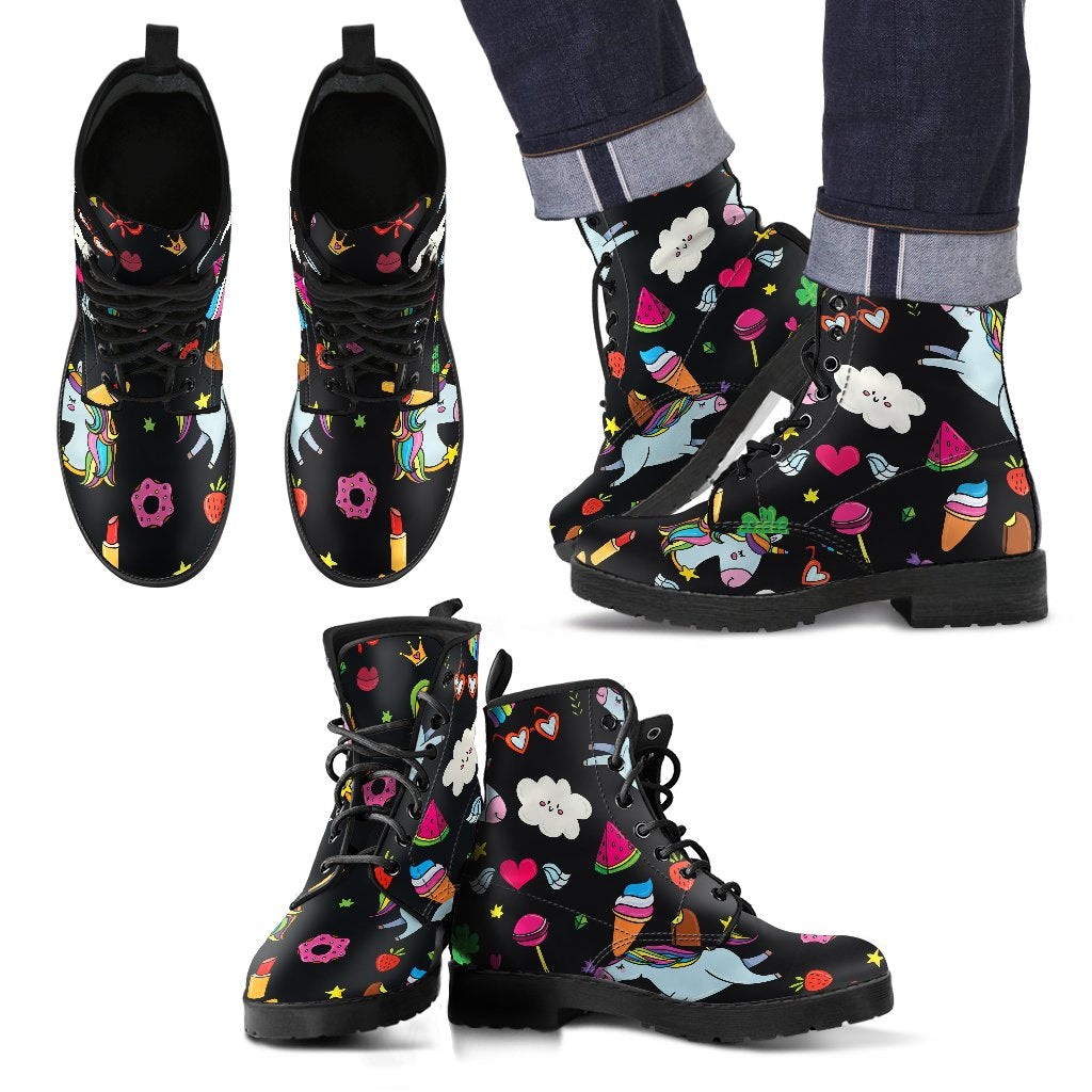 Black Girly Unicorn Pattern Print Men's Boots