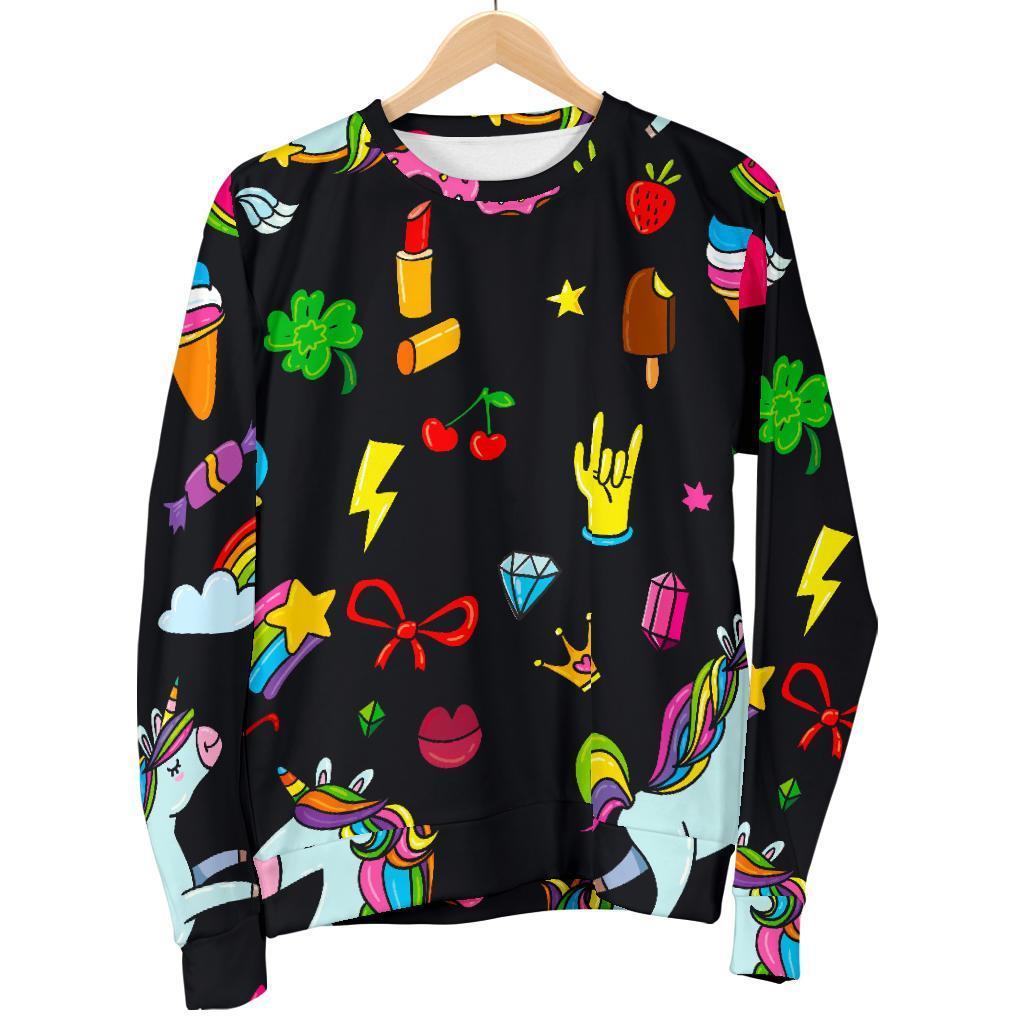 Black Girly Unicorn Pattern Print Men's Crewneck Sweatshirt