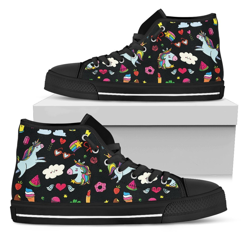 Black Girly Unicorn Pattern Print Men's High Top Shoes