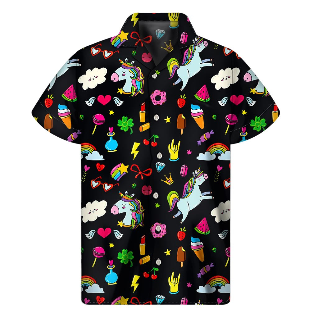 Black Girly Unicorn Pattern Print Men's Short Sleeve Shirt