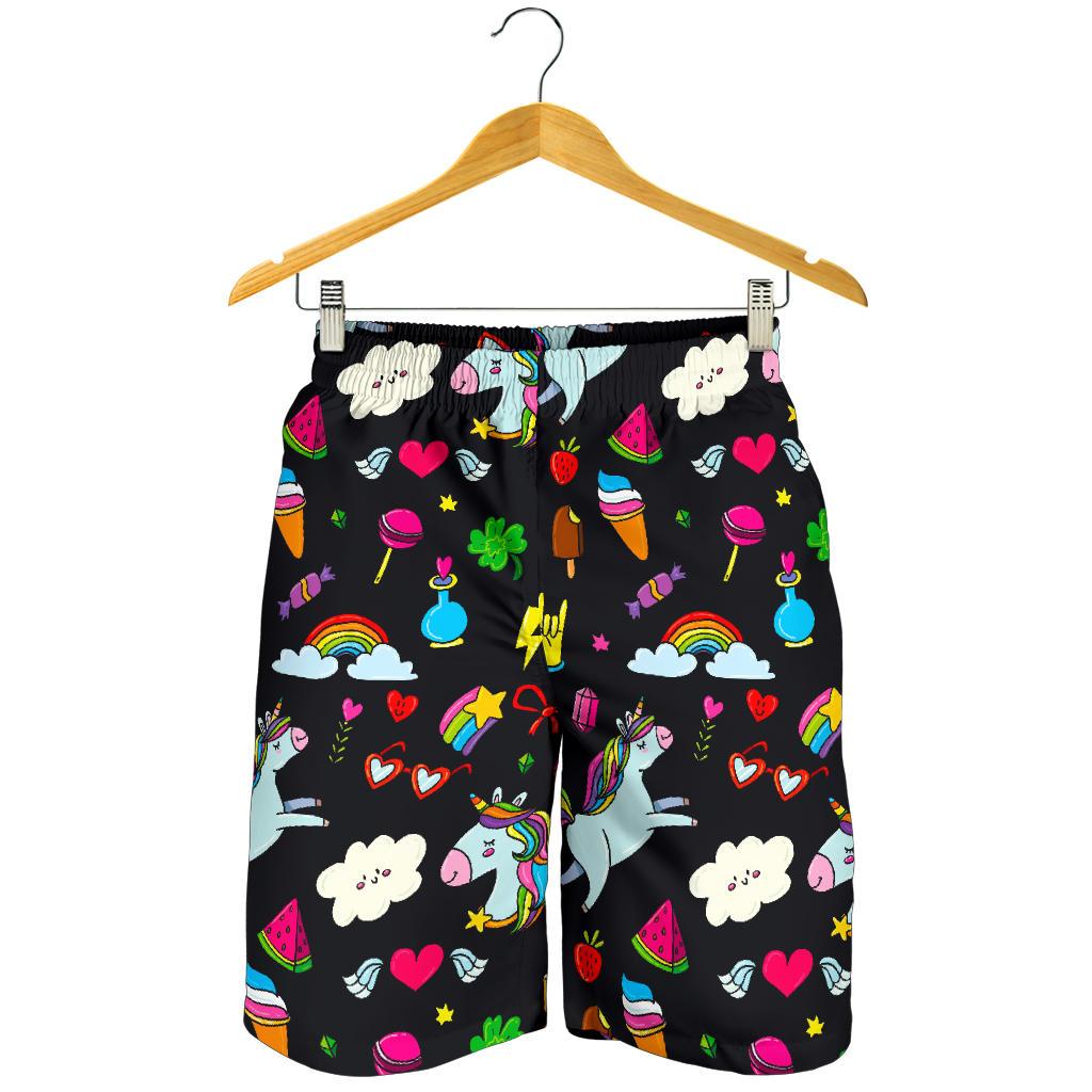 Black Girly Unicorn Pattern Print Men's Shorts