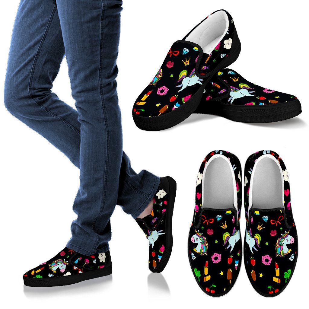 Black Girly Unicorn Pattern Print Men's Slip On Shoes