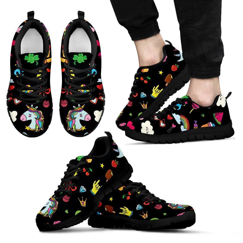 Black Girly Unicorn Pattern Print Men's Sneakers