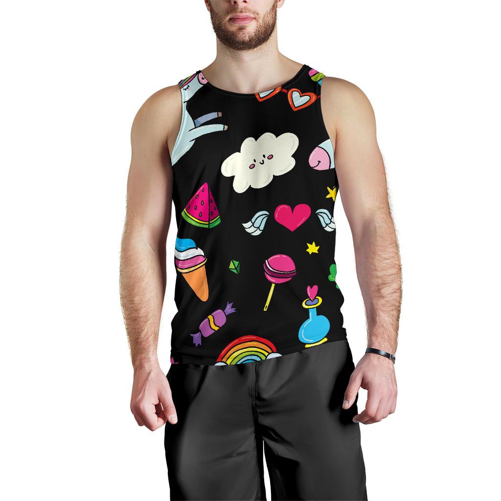 Black Girly Unicorn Pattern Print Men's Tank Top