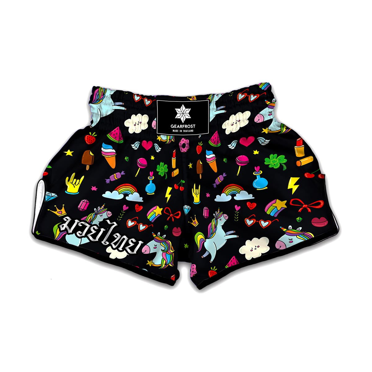 Black Girly Unicorn Pattern Print Muay Thai Boxing Shorts