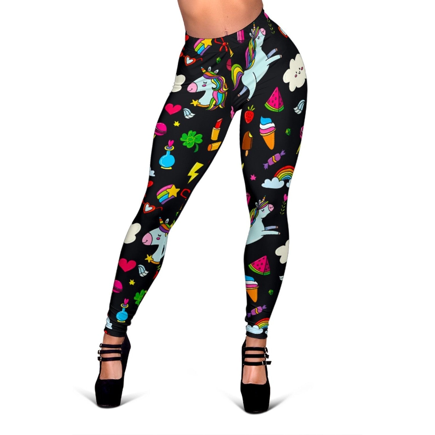 Black Girly Unicorn Pattern Print Women's Leggings