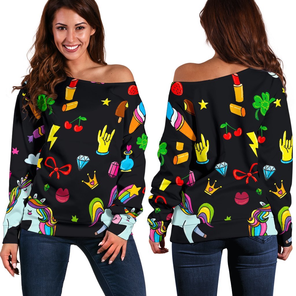 Black Girly Unicorn Pattern Print Women's Off-Shoulder Sweatshirt