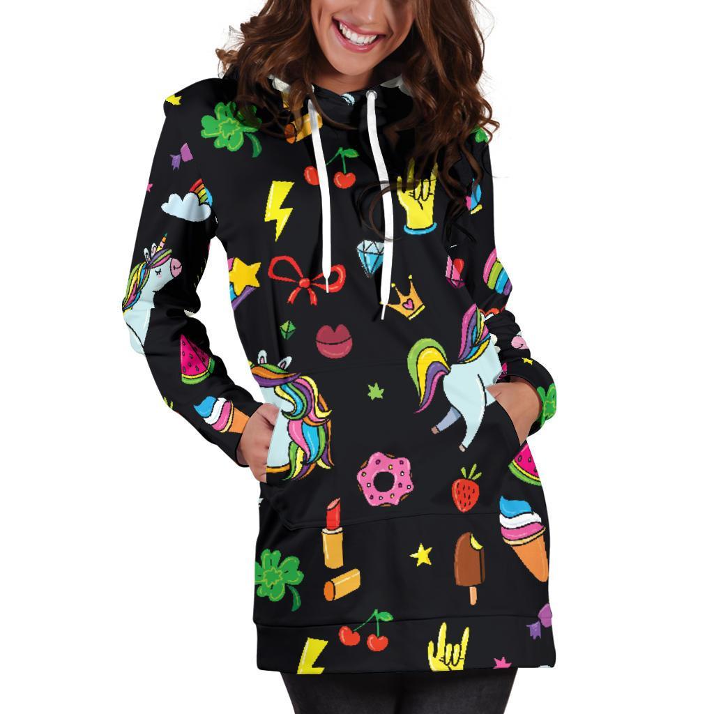 Black Girly Unicorn Pattern Print Women's Pullover Hoodie Dress