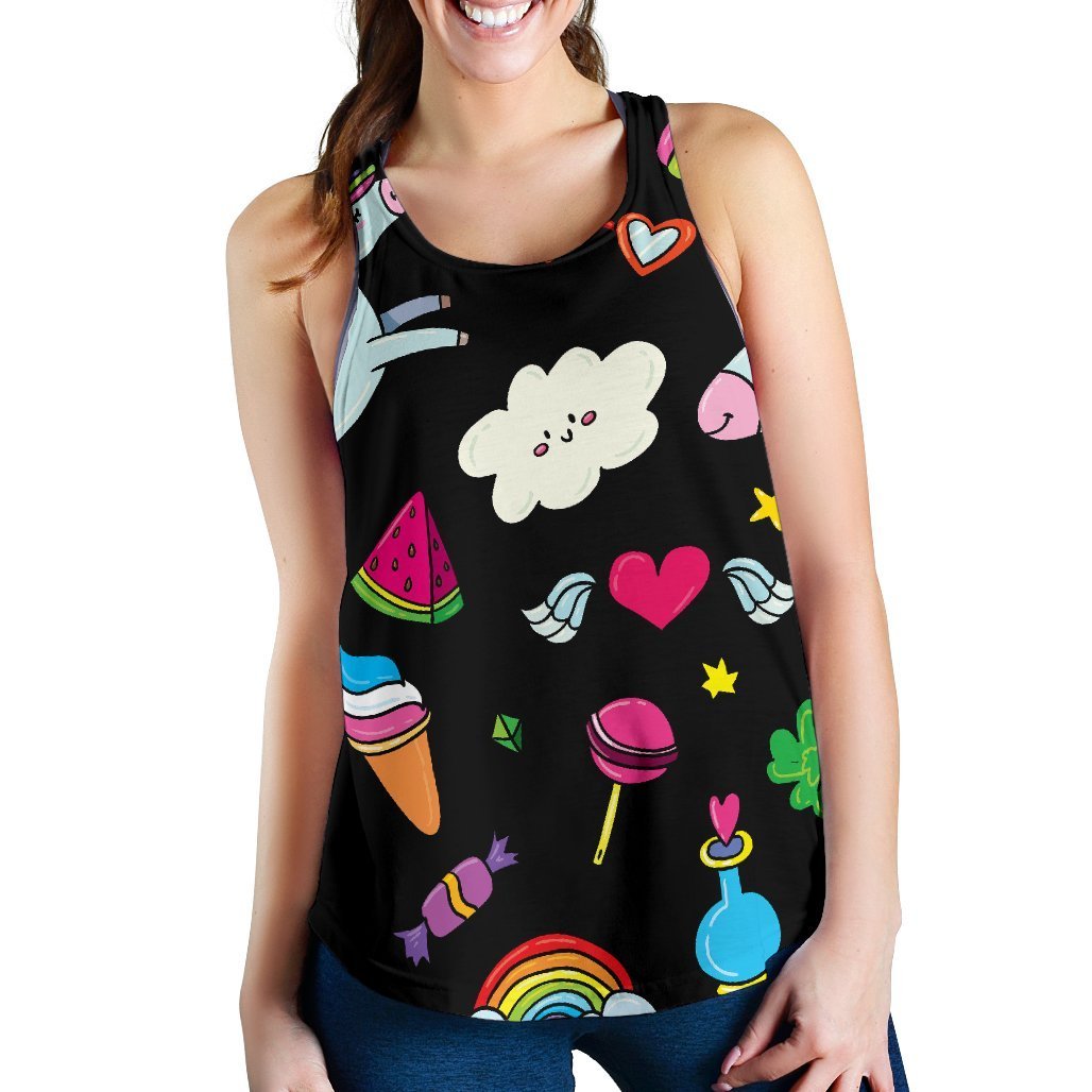 Black Girly Unicorn Pattern Print Women's Racerback Tank Top