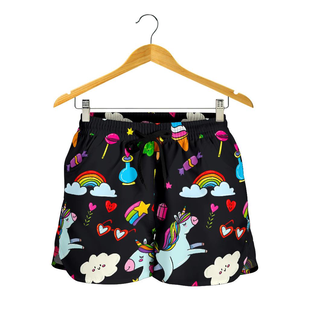 Black Girly Unicorn Pattern Print Women's Shorts