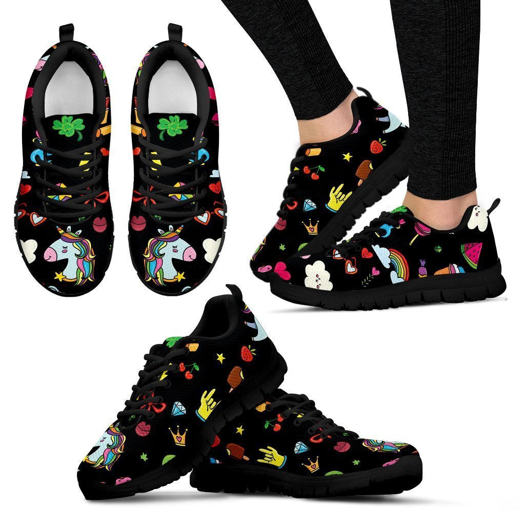 Black Girly Unicorn Pattern Print Women's Sneakers