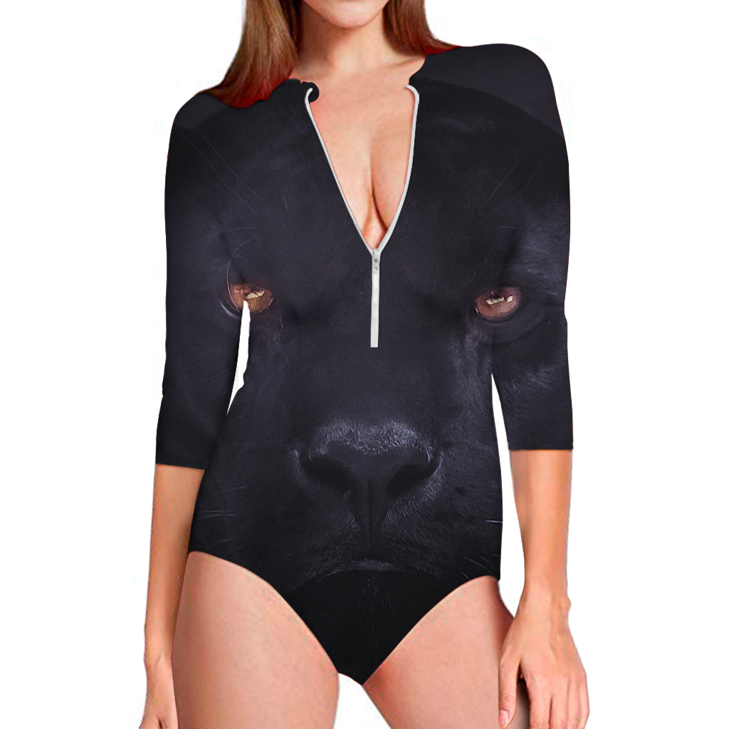Black Jaguar Print Long Sleeve One Piece Swimsuit