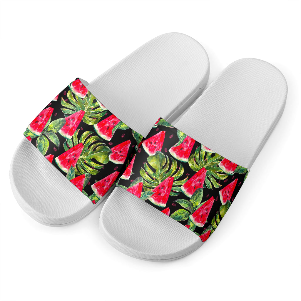 Black Palm Leaf Watermelon Pattern Print White Slide Sandals