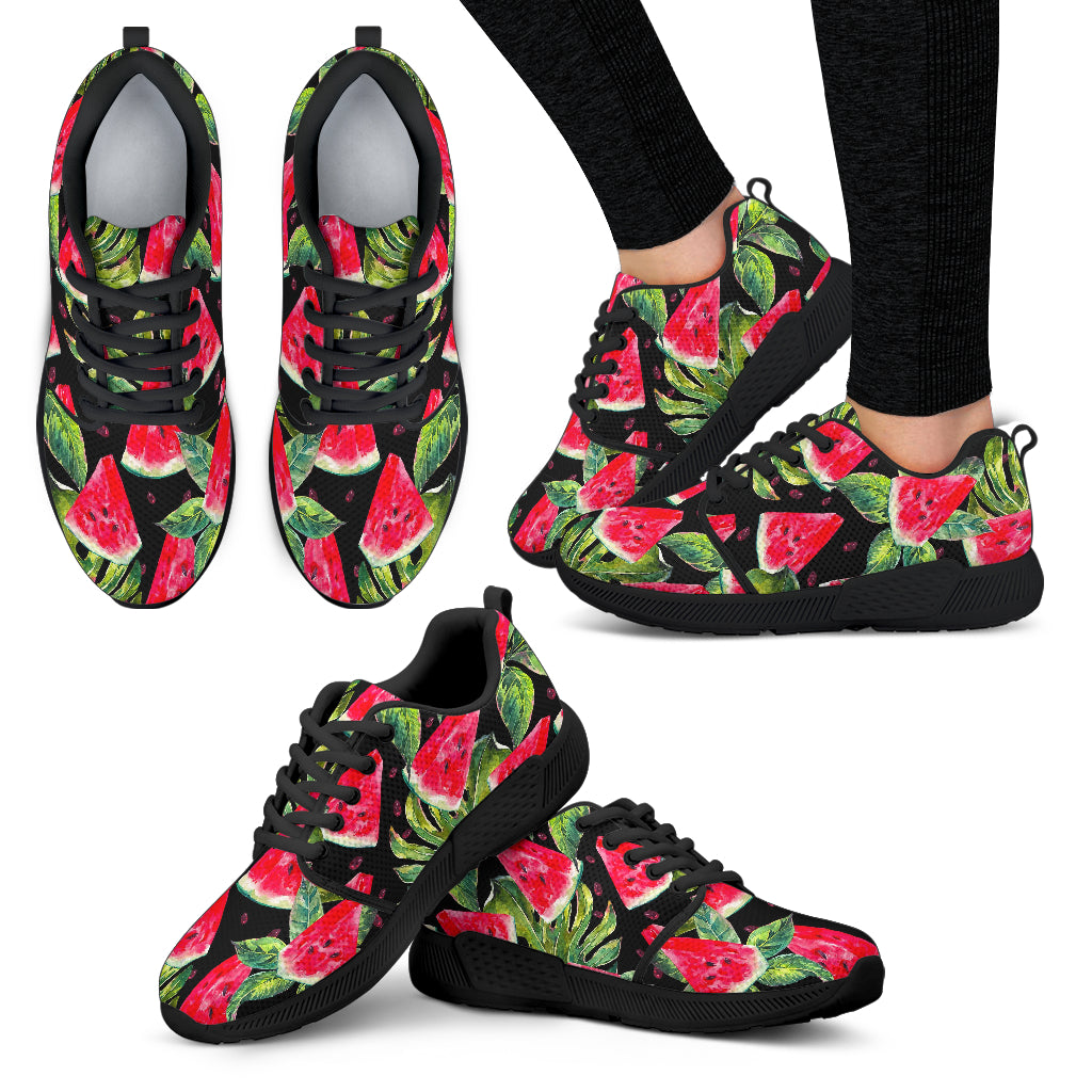 Black Palm Leaf Watermelon Pattern Print Women's Athletic Shoes
