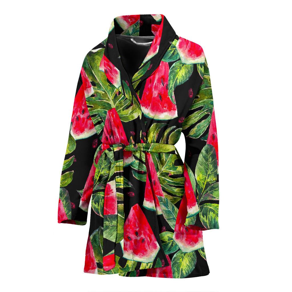 Black Palm Leaf Watermelon Pattern Print Women's Bathrobe