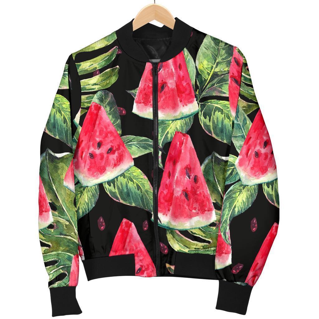 Black Palm Leaf Watermelon Pattern Print Women's Bomber Jacket