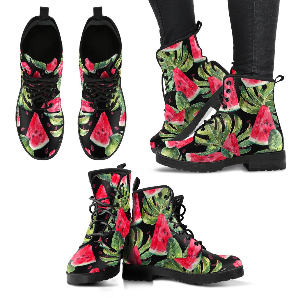 Black Palm Leaf Watermelon Pattern Print Women's Boots