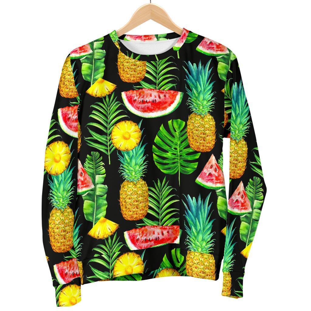Black Tropical Pineapple Pattern Print Men's Crewneck Sweatshirt