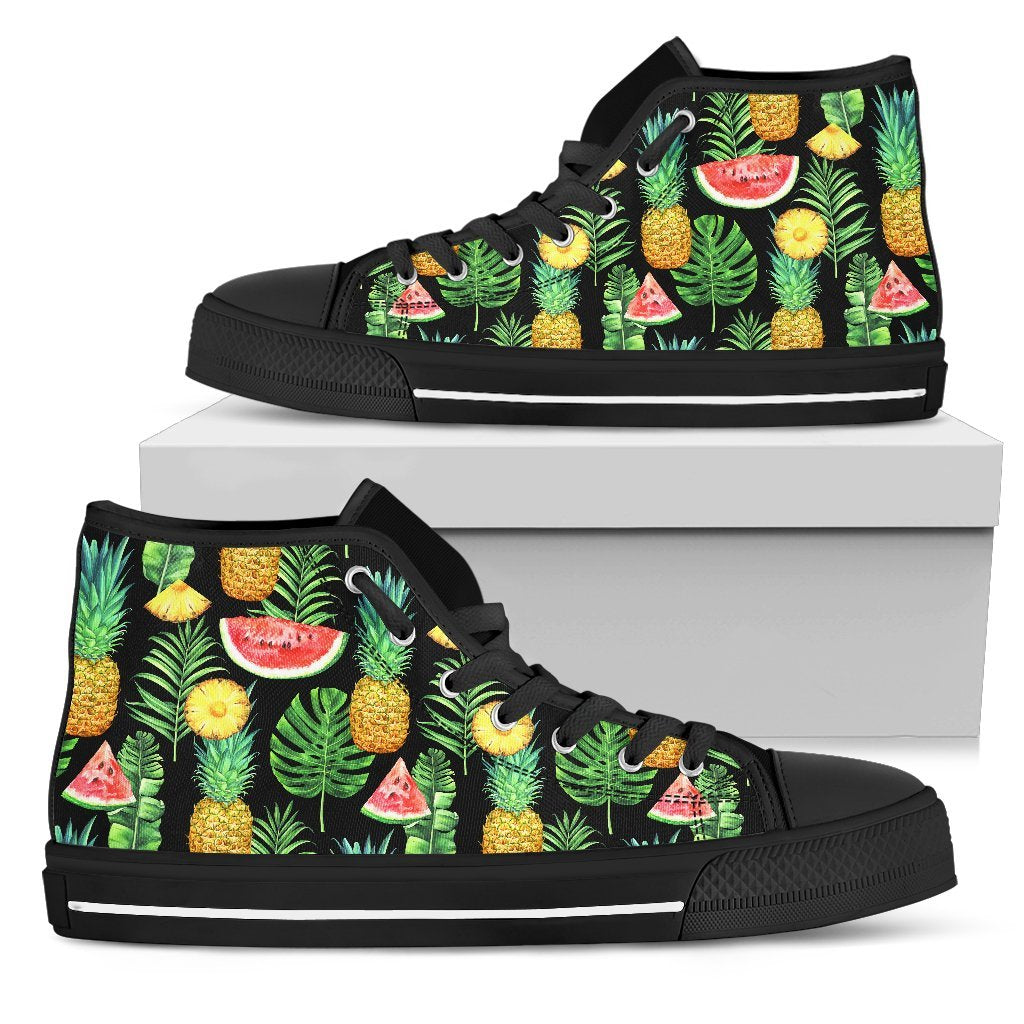 Black Tropical Pineapple Pattern Print Men's High Top Shoes