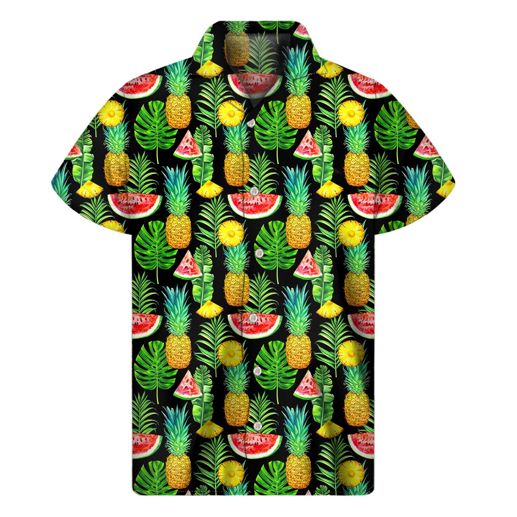 Black Tropical Pineapple Pattern Print Men's Short Sleeve Shirt