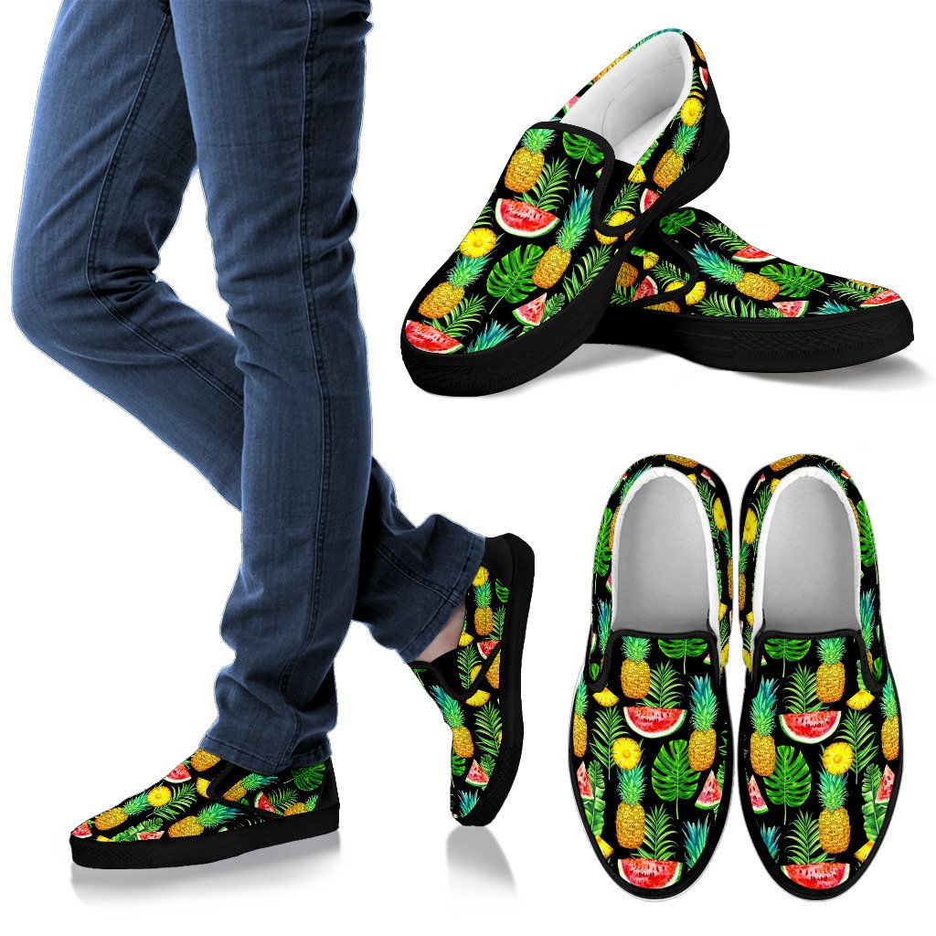 Black Tropical Pineapple Pattern Print Men's Slip On Shoes