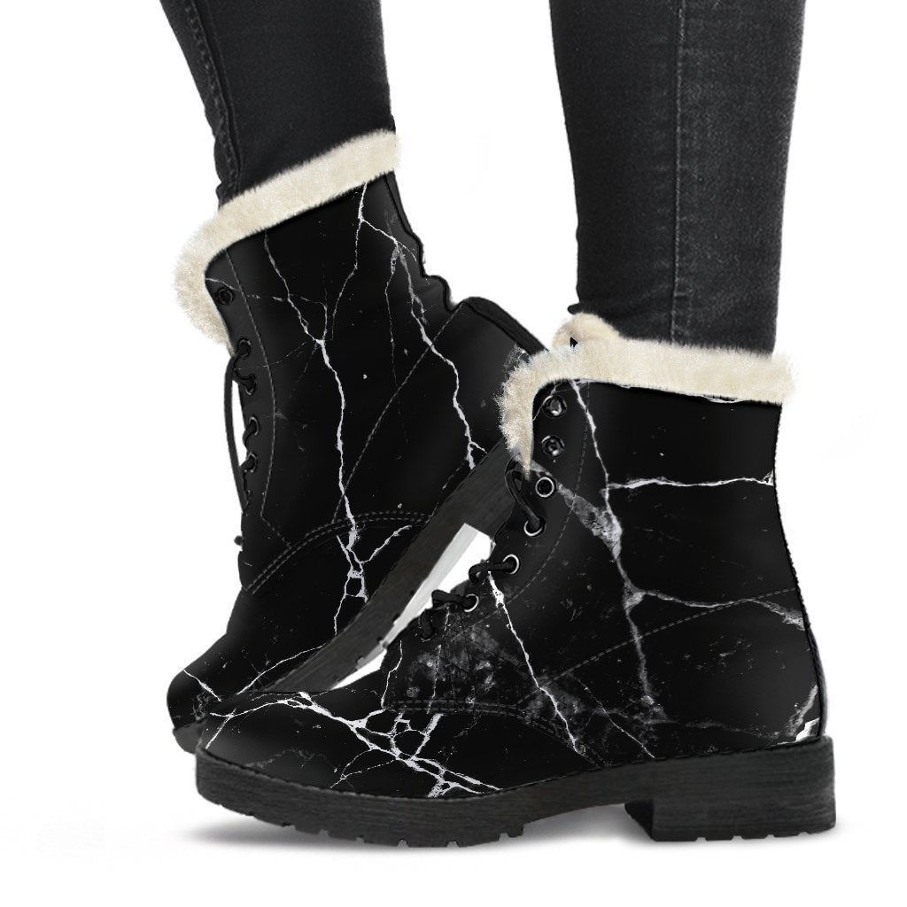 Black White Natural Marble Print Faux Fur Leather Boots