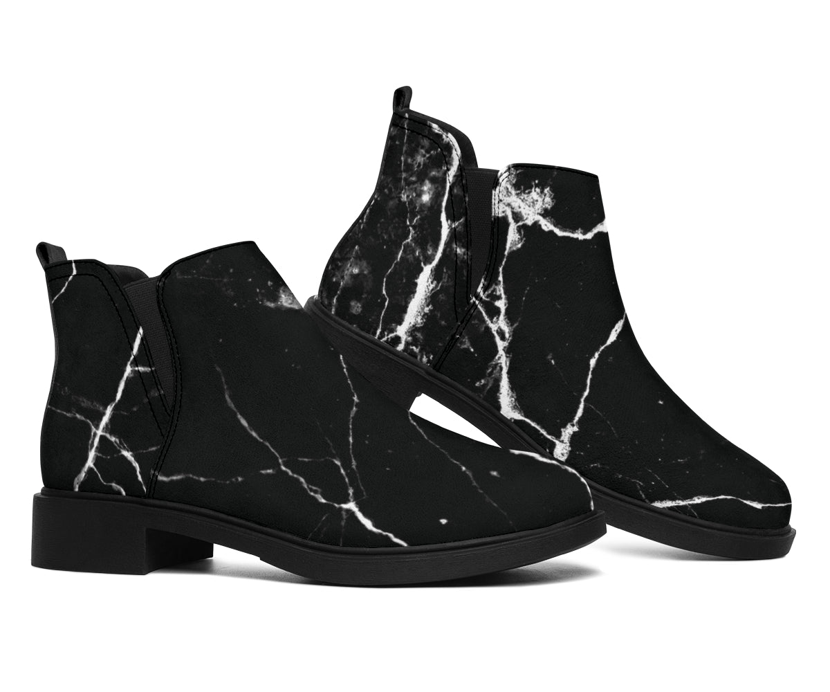 Black White Natural Marble Print Flat Ankle Boots