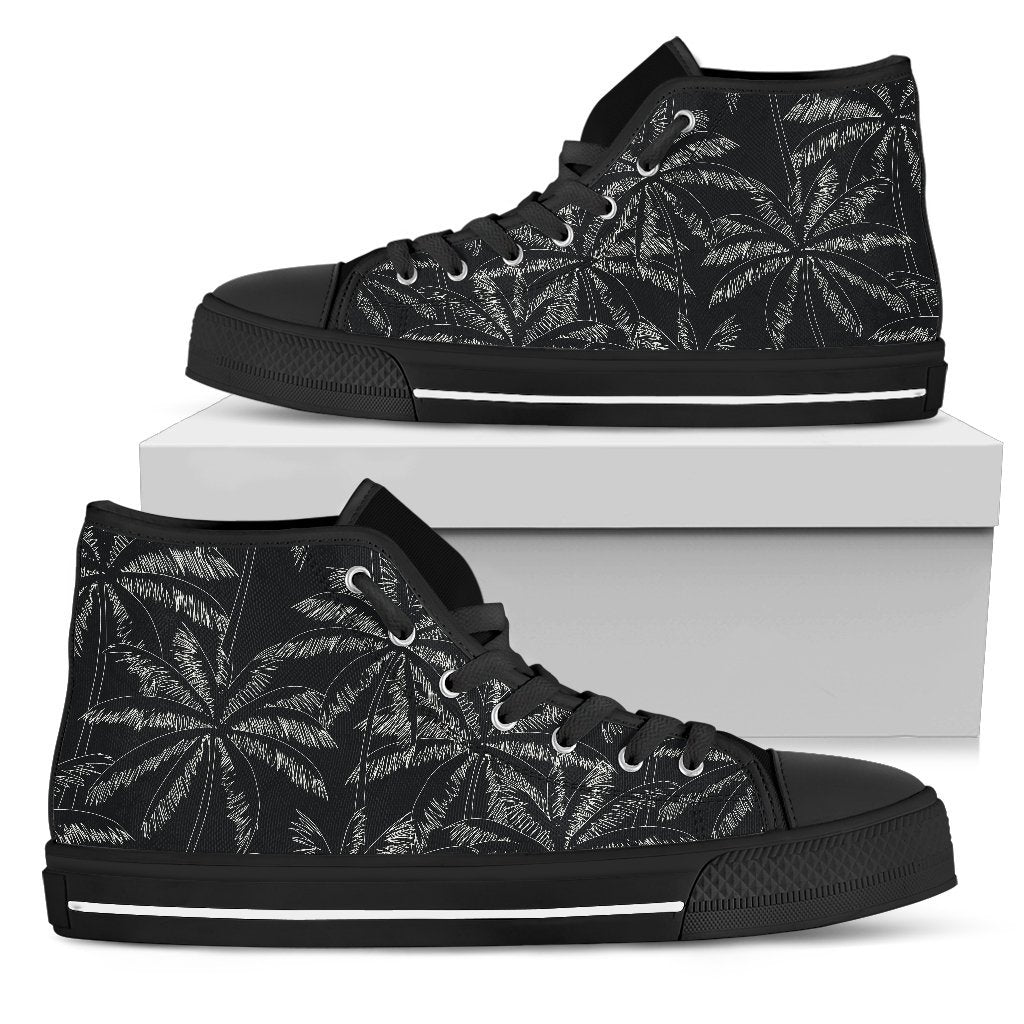 Black White Palm Tree Pattern Print Men's High Top Shoes