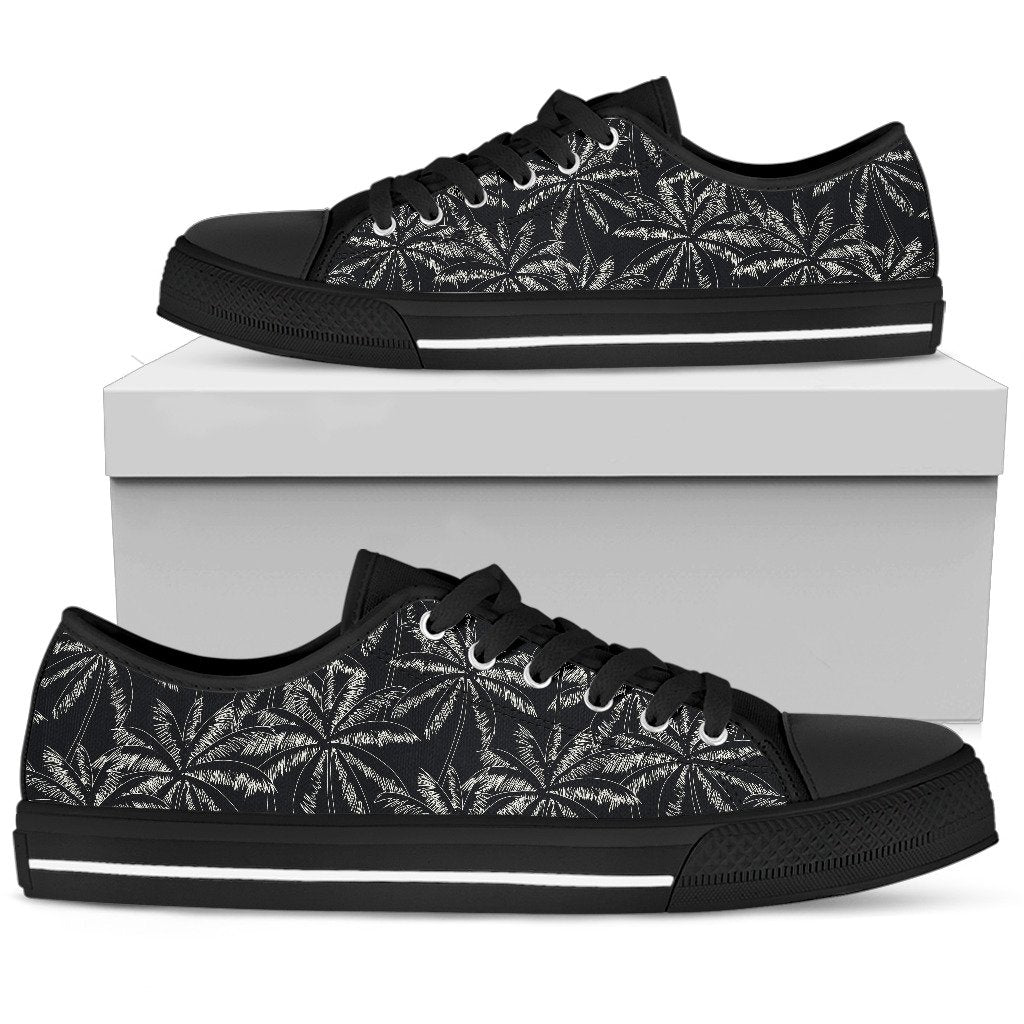 Black White Palm Tree Pattern Print Men's Low Top Shoes