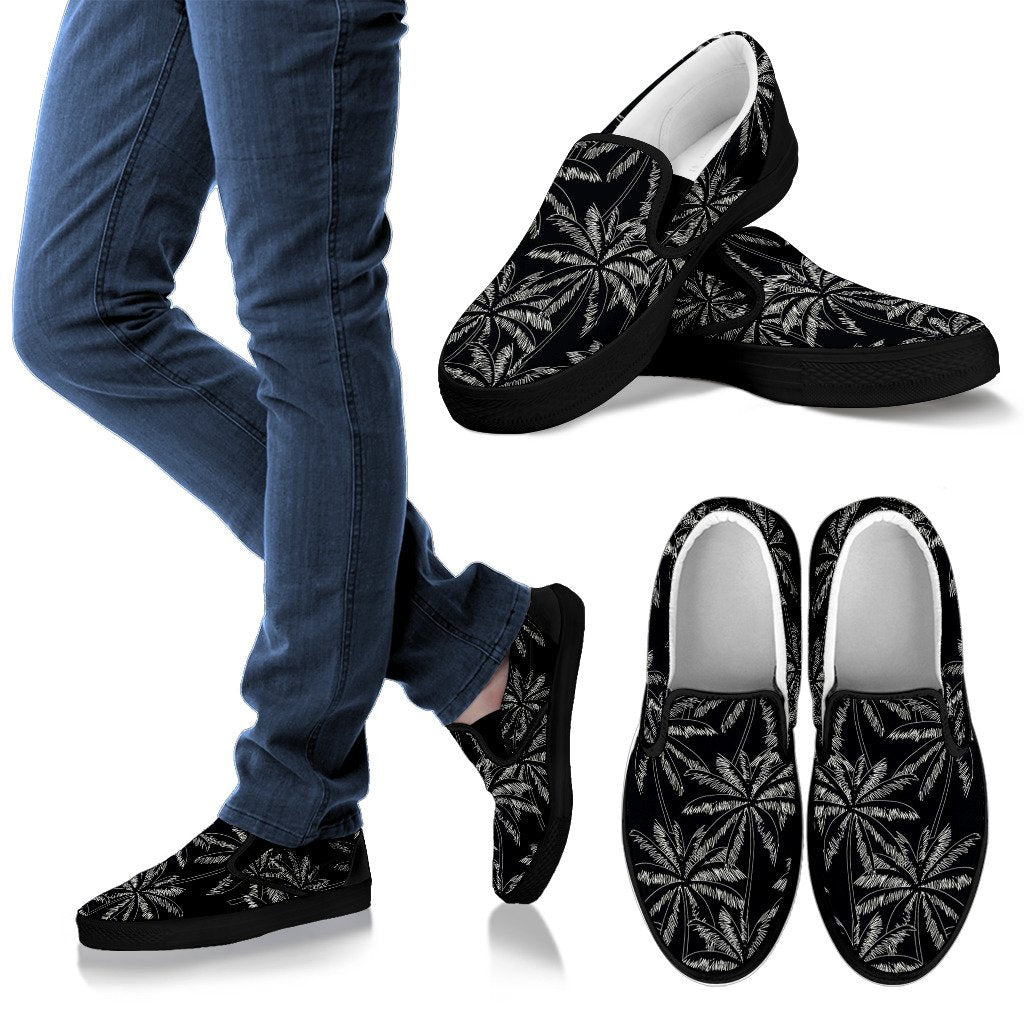 Black White Palm Tree Pattern Print Men's Slip On Shoes