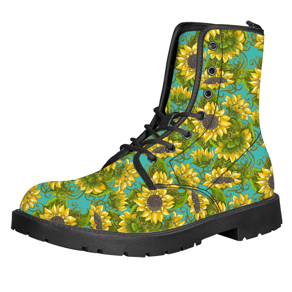 Blooming Sunflower Pattern Print Leather Boots